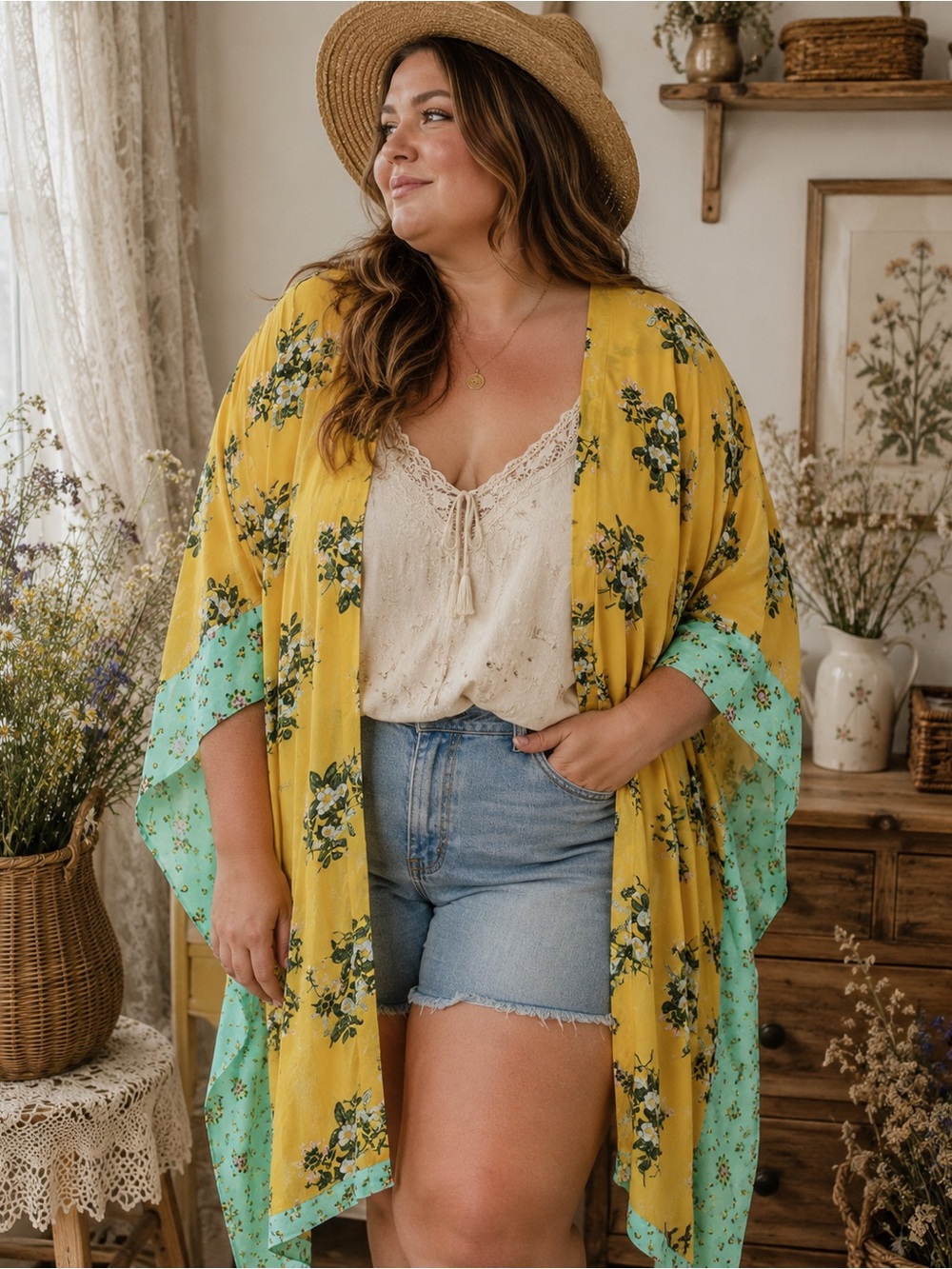 Matilda Jane Floral Kimono Cardigan | Yellow & Aqua Boho Open Front Cover Up M/L